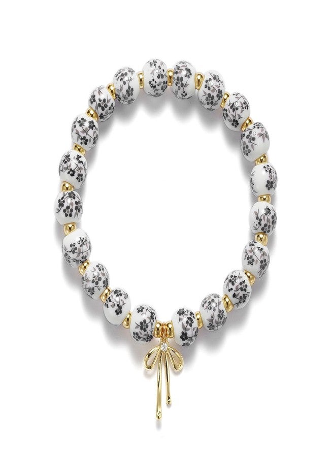Beads Bow Charm Bracelet for Women Flower Vintage Bracelet Handmade Stretch Gold Beaded Dainty Romantic Jewelry Gift, Medium, Ceramic, Cubic Zirconia