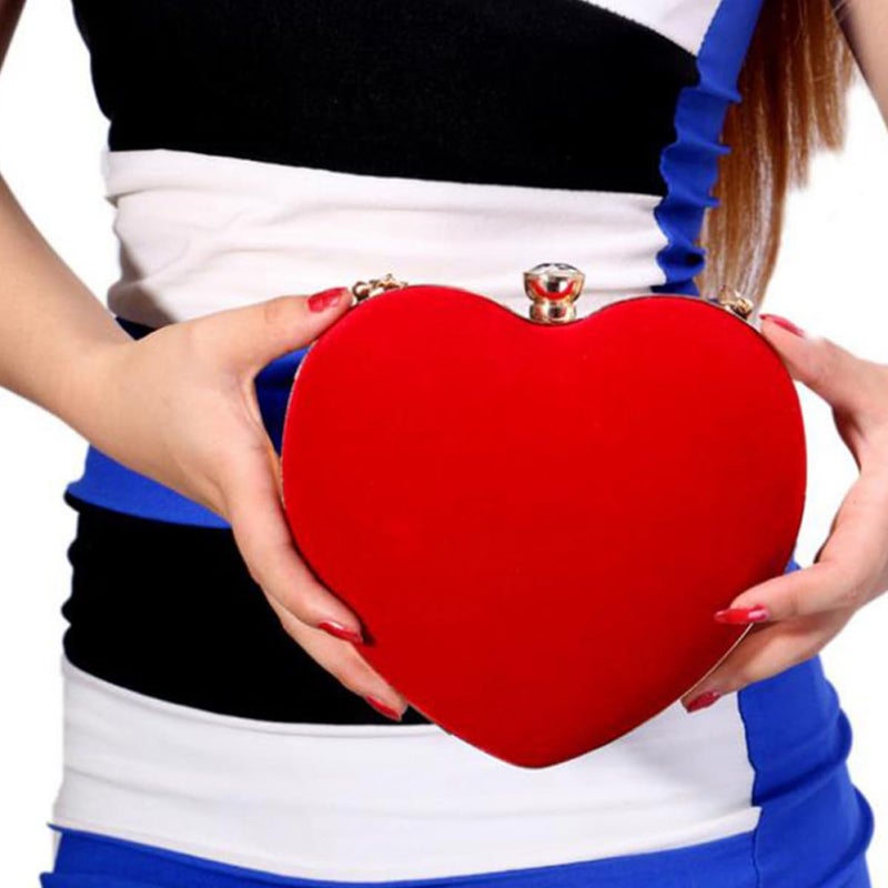 Suede Heart Shaped Evening Clutch With Chain Large Capacity Party Purse For Women - Image 3