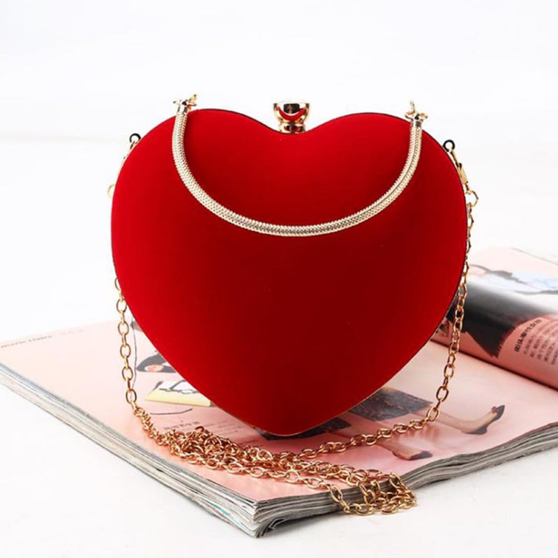 Suede Heart Shaped Evening Clutch With Chain Large Capacity Party Purse For Women - Image 4