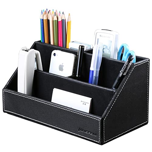 KINGFOM Pu Leather Desk Organizer with 5 Compartments Holder, Multi-Functional Office Supplies Storage Caddy for Pen/Pencil, Phones, Remote Controller and Desktop Accessorie Black - Image 1