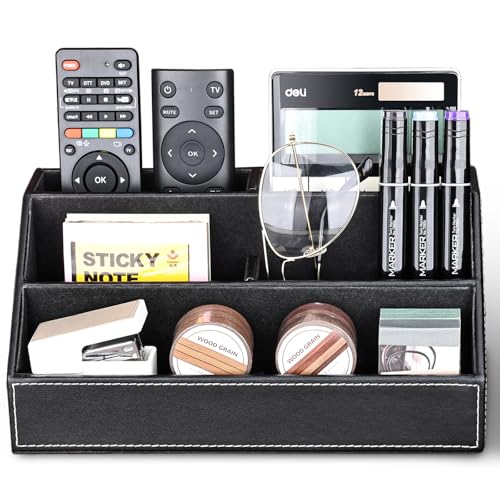 KINGFOM Pu Leather Desk Organizer with 5 Compartments Holder, Multi-Functional Office Supplies Storage Caddy for Pen/Pencil, Phones, Remote Controller and Desktop Accessorie Black - Image 2