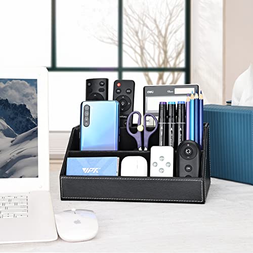 KINGFOM Pu Leather Desk Organizer with 5 Compartments Holder, Multi-Functional Office Supplies Storage Caddy for Pen/Pencil, Phones, Remote Controller and Desktop Accessorie Black - Image 5
