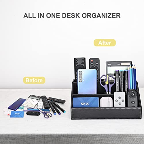 KINGFOM Pu Leather Desk Organizer with 5 Compartments Holder, Multi-Functional Office Supplies Storage Caddy for Pen/Pencil, Phones, Remote Controller and Desktop Accessorie Black - Image 4