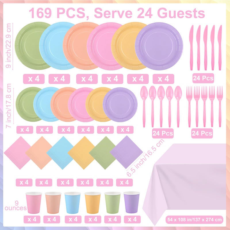 Kochorie 169 Pieces Pastel Party Supplies Disposable Dinnerware Set Include Plates and Cups Napkins Plastic Forks Knives Spoons Tablecloth for Wedding Birthday Party Decorations, Serve 24 Guests - Image 2