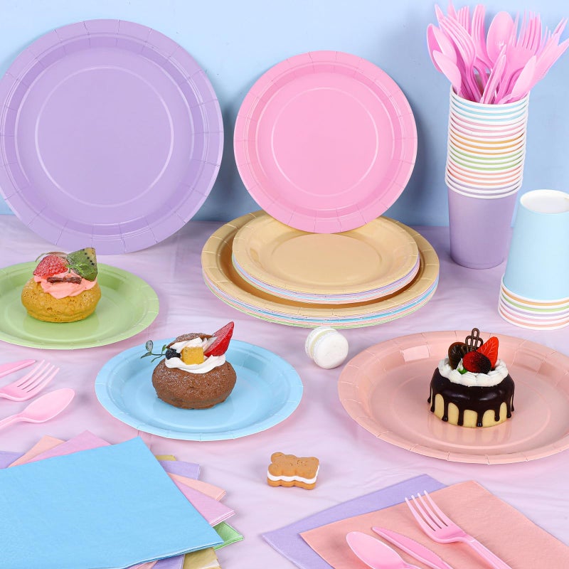 Kochorie 169 Pieces Pastel Party Supplies Disposable Dinnerware Set Include Plates and Cups Napkins Plastic Forks Knives Spoons Tablecloth for Wedding Birthday Party Decorations, Serve 24 Guests - Image 5
