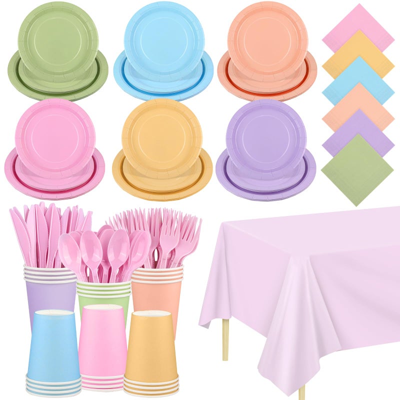 Kochorie 169 Pieces Pastel Party Supplies Disposable Dinnerware Set Include Plates and Cups Napkins Plastic Forks Knives Spoons Tablecloth for Wedding Birthday Party Decorations, Serve 24 Guests - Image 1