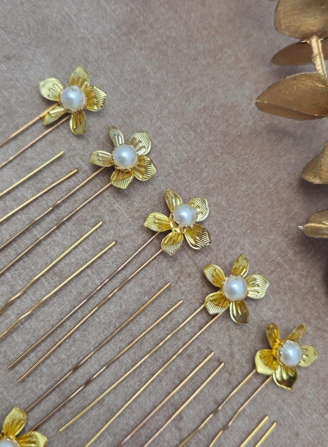 Twinsho Bridal Gold Flower Hair Pins with Pearl Centre, Wedding Traditional Flower Hair Pin for Wedding and Girls, Set of 10 - Image 3