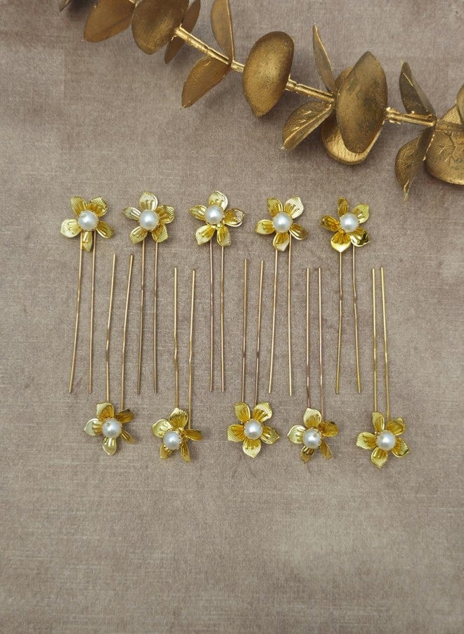 Twinsho Bridal Gold Flower Hair Pins with Pearl Centre, Wedding Traditional Flower Hair Pin for Wedding and Girls, Set of 10 - Image 1