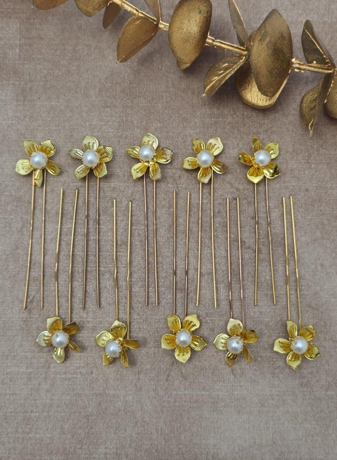 Twinsho Bridal Gold Flower Hair Pins with Pearl Centre, Wedding Traditional Flower Hair Pin for Wedding and Girls, Set of 10 - Image 2