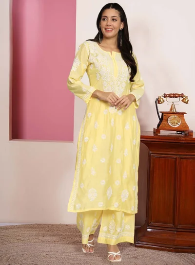 Alaya Hand Embroidered Chikan Chanderi Straight Kurta Palazzos-AL3671KS
