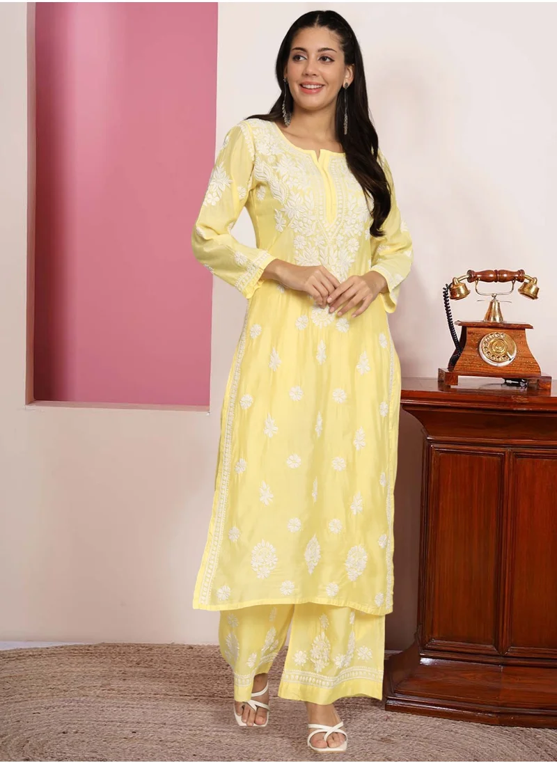 Alaya Hand Embroidered Chikan Chanderi Straight Kurta Palazzos-AL3671KS