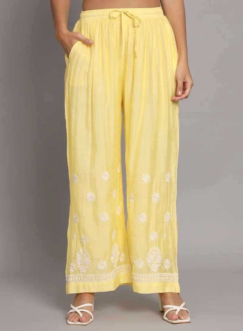 Alaya Hand Embroidered Chikan Chanderi Straight Kurta Palazzos-AL3671KS