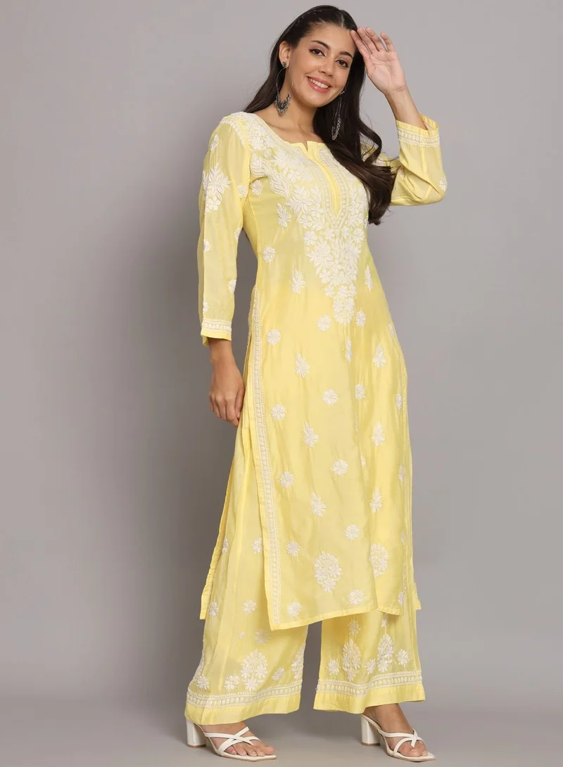 Alaya Hand Embroidered Chikan Chanderi Straight Kurta Palazzos-AL3671KS