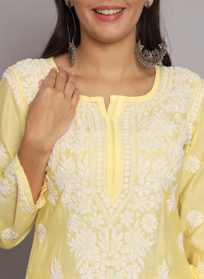 Alaya Hand Embroidered Chikan Chanderi Straight Kurta Palazzos-AL3671KS