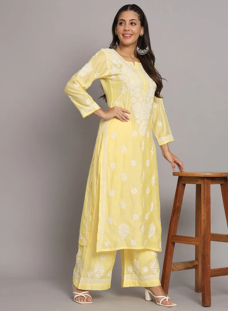 Alaya Hand Embroidered Chikan Chanderi Straight Kurta Palazzos-AL3671KS