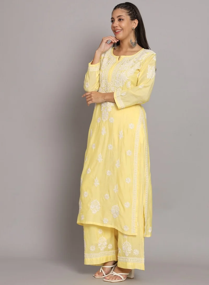 Alaya Hand Embroidered Chikan Chanderi Straight Kurta Palazzos-AL3671KS