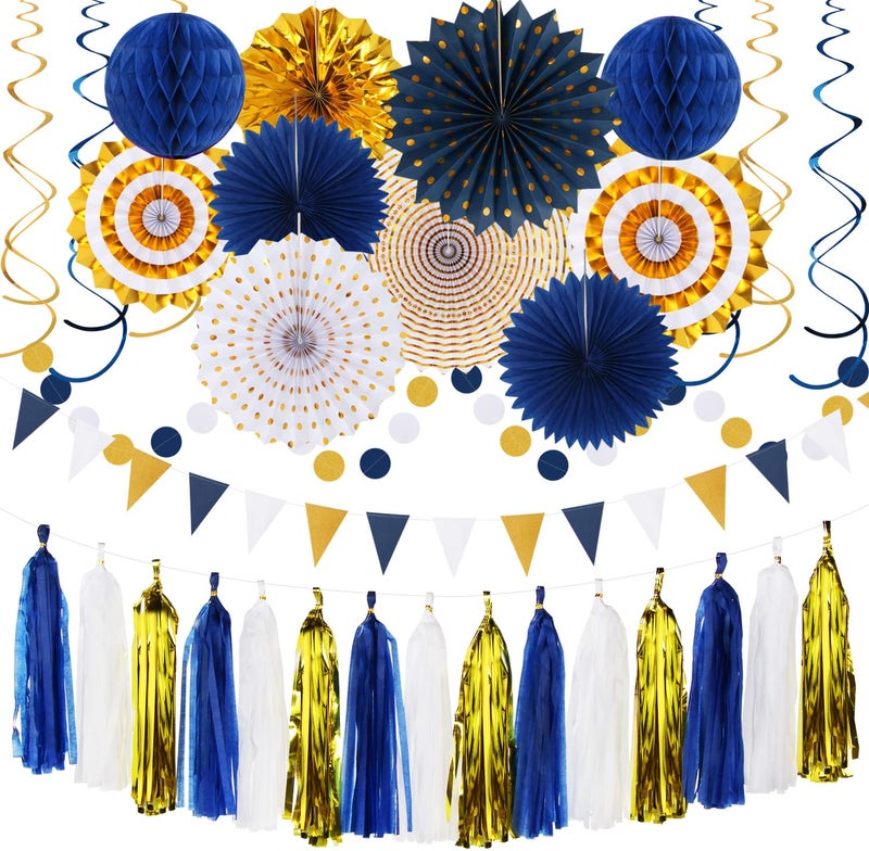 NavyBlue WhiteGold Graduation PartyDecorations  33pcs Kits Banner Streamers Tassel GarlandTissue Pom Poms Honeycomb Paper Lantern FansWedding Birthday Baby Shower Backdrop Ceiling Decor Hugtmr