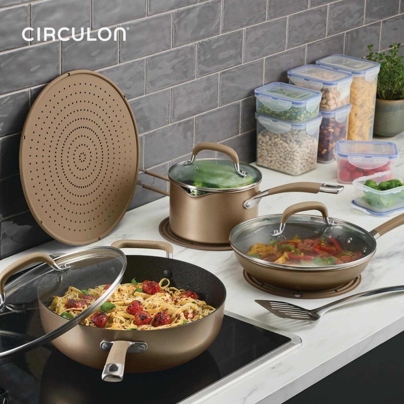 Circulon A1 Series with ScratchDefense Technology Nonstick Induction Pots and Pans, Metal Utensil Safe, Includes Splatter Guard, Slotted Turner and Silicone Trivets, 10 Piece Cookware Set - Champagne - Image 2