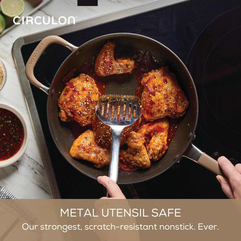 Circulon A1 Series with ScratchDefense Technology Nonstick Induction Pots and Pans, Metal Utensil Safe, Includes Splatter Guard, Slotted Turner and Silicone Trivets, 10 Piece Cookware Set - Champagne - Image 3