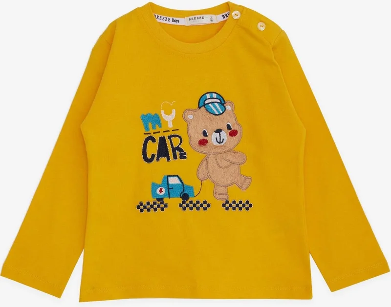 Breeze Baby Boy Long Sleeve T-Shirt with Teddy Bear Printed Text Embroidery 9 Months-3 Years, Yellow