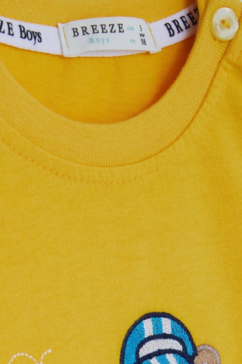 Breeze Baby Boy Long Sleeve T-Shirt with Teddy Bear Printed Text Embroidery 9 Months-3 Years, Yellow