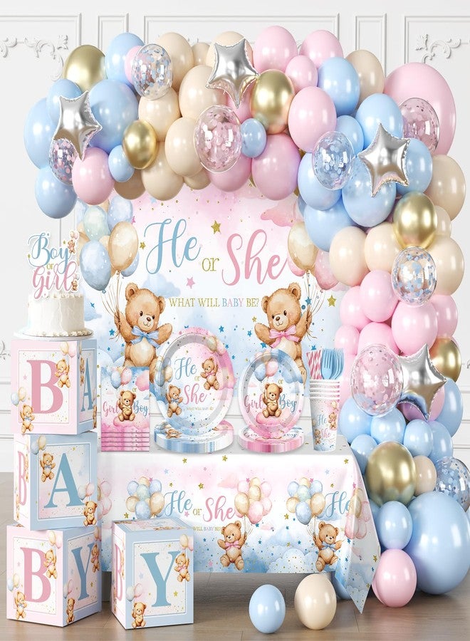 cocomigo 232pcs Bear Gender Reveal Decorations Complete Party Set, He or She Baby Gender Reveal Decorations, Boy or Girl Bear Theme Party Supplies, Serves 20 Guests - Image 1