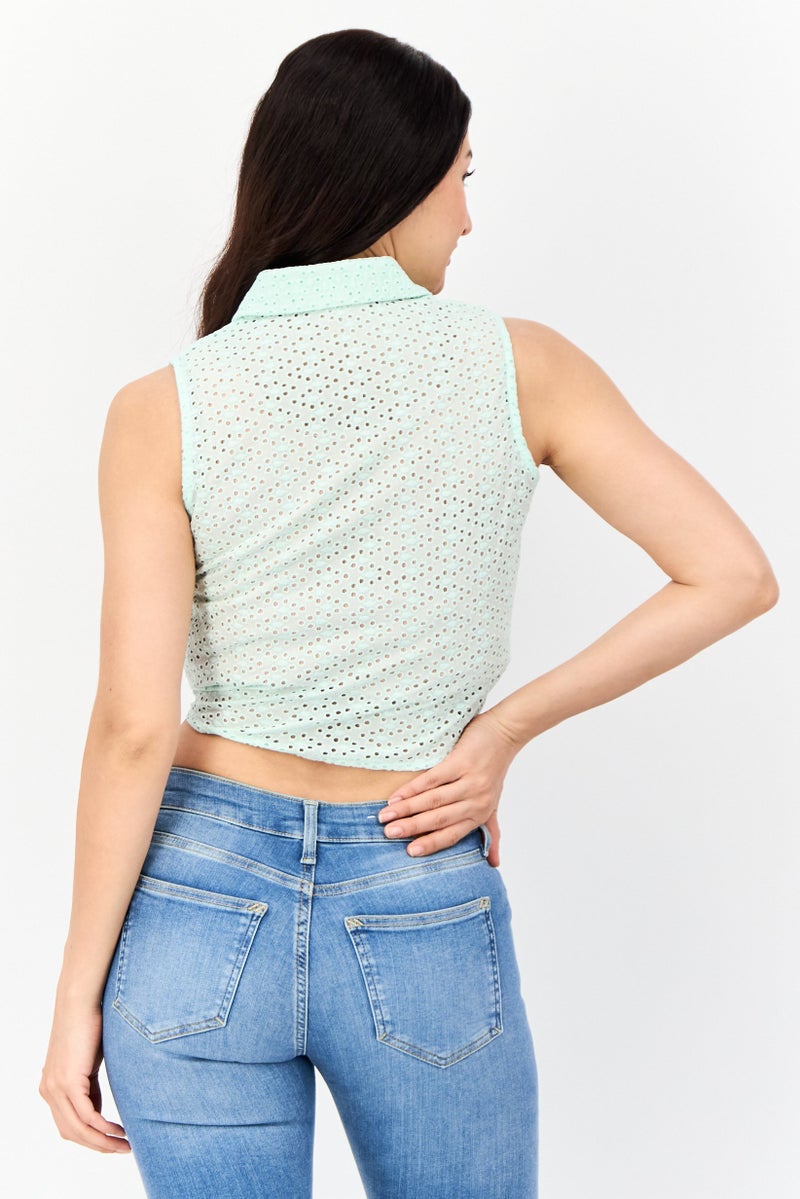 DeFacto بلوزة نسائية بياقة منتشرة، أخضر فاتح - Image 2