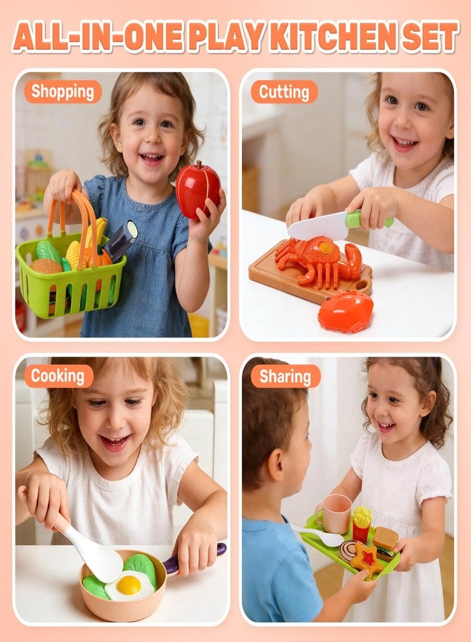 CUTE STONE 70+ PCS Kids Play Kitchen Accessories, Pretend Cooking Toys with Peelable & Cuttable Play Food, Cookware, Tableware & Utensils, Shopping Basket, Tray, Educational Gift for Girls & Boys - Image 2