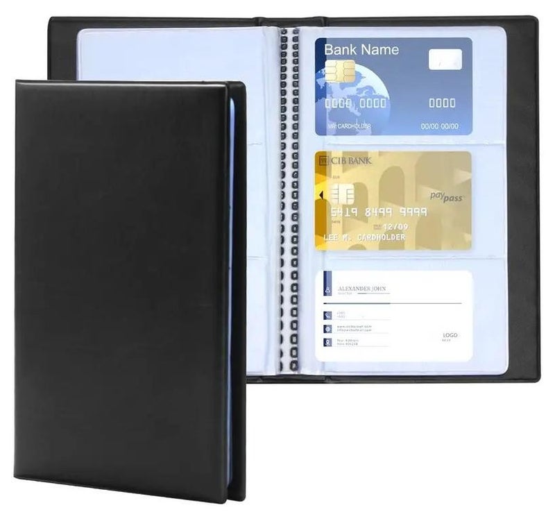 حامل بطاقات عمل احترافي من الجلد الصناعي ومنظم للكتب - سعة تخزين 300 بطاقة اسم مع غلاف مقوى - منظم بطاقات زيارة المكتب للرجال والنساء - محفظة رفيعة لحمل بطاقات الائتمان (أسود) - Image 1