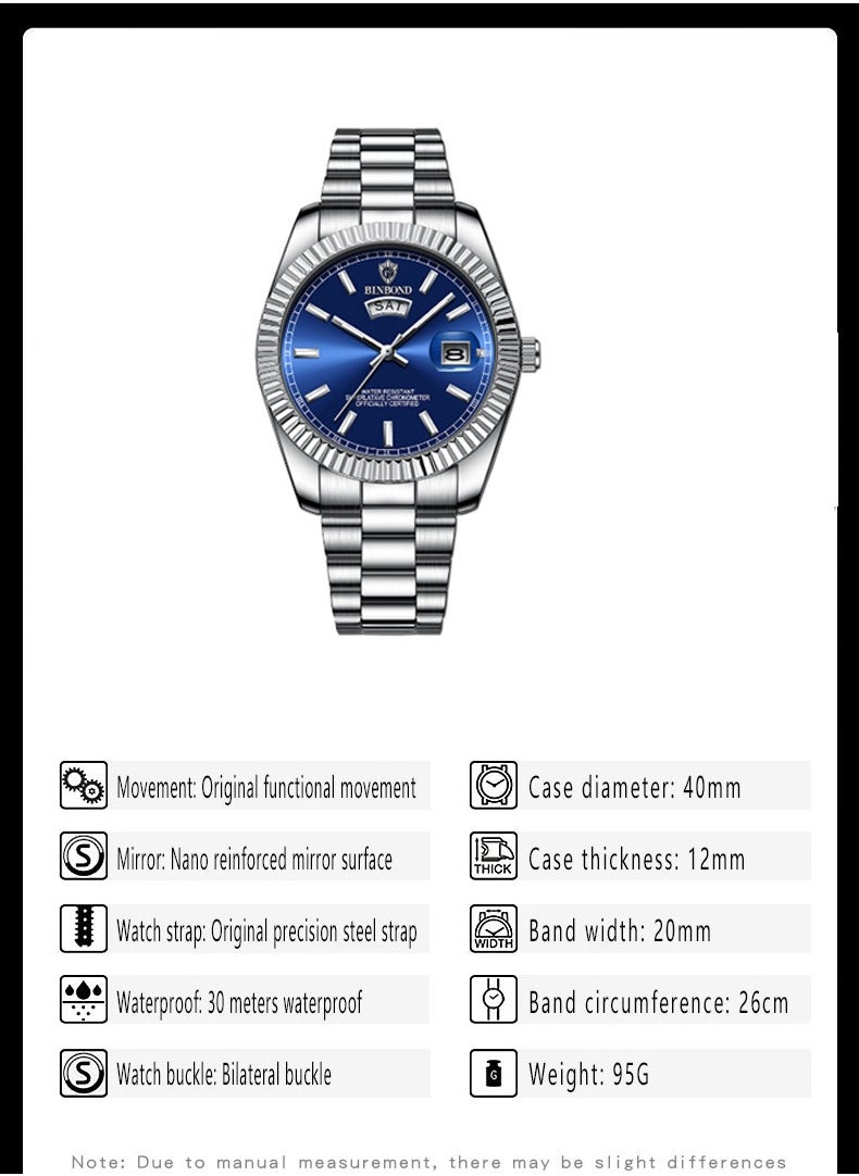 BINBOND - New Men' s Steel Belt, Waterproof and Leisure Classic, Double Calendar Luminous, Simple and Atmospheric. - Image 1