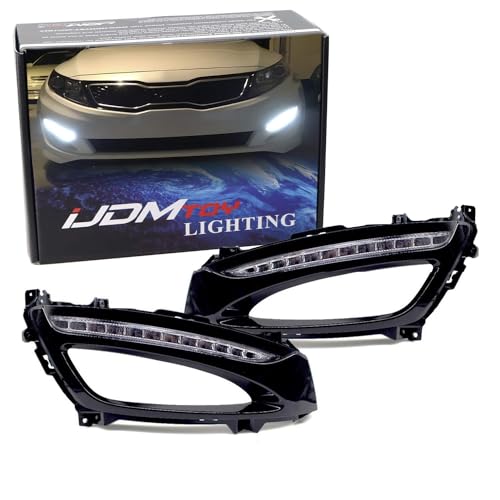 iJDMTOY Xenon White LED Daytime Running Lights Compatible With 11-13 Kia Optima w/Glossy Black Bezel Covers, Direct Replacement DRL Bezel Assembly Powered by 12 Pieces High Power LED Bulbs Each Lamp - Image 1