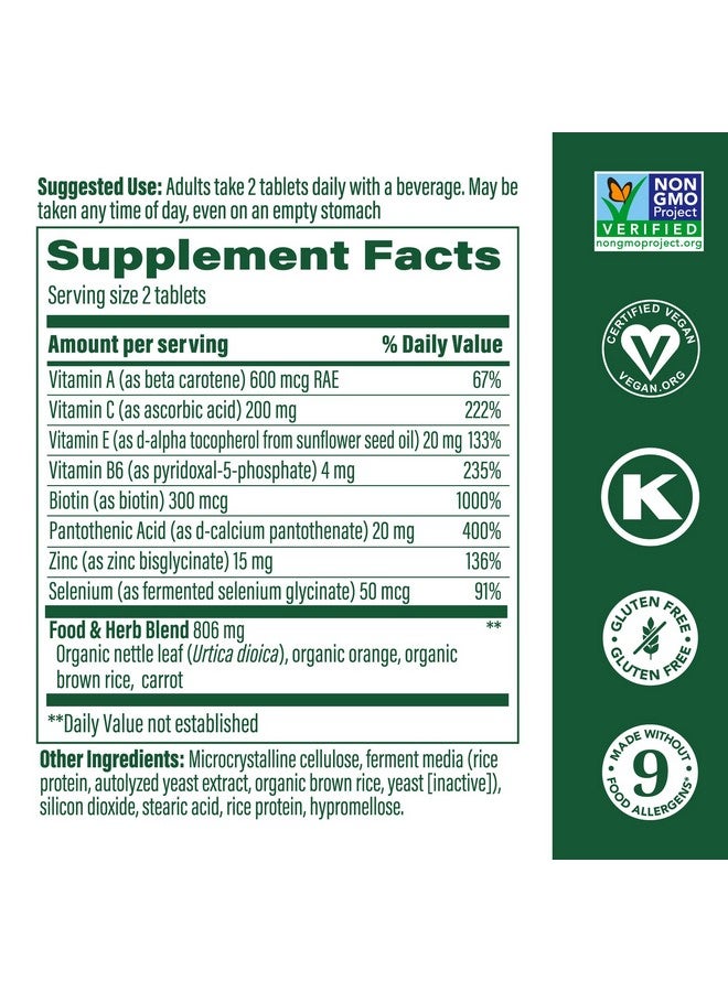 MegaFood Skin, Nails & Hair 2 - Vitamins For Women & Men - Biotin, Vitamin A, Vitamin C, Zinc, Vitamin B6, Vitamin E, Pantothenic Acid - Vegan - Made Without 9 Food Allergens - 90 Tabs (45 Servings) - Image 2
