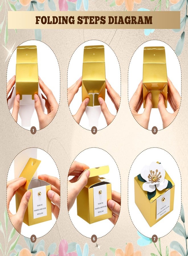 Affrolling 50 Pcs Wedding Favor Boxes with Thanks Card Square Flower Candy Boxes Paper Bridal Gift Box for Guests Wedding Bridal Shower Birthday Party Anniversary (Gold) - Image 4