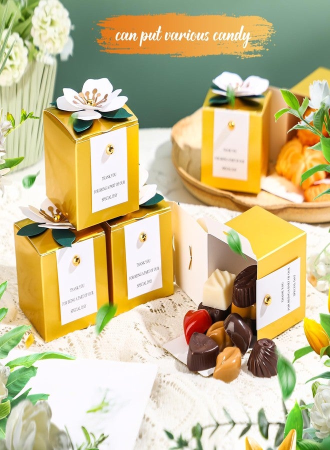 Affrolling 50 Pcs Wedding Favor Boxes with Thanks Card Square Flower Candy Boxes Paper Bridal Gift Box for Guests Wedding Bridal Shower Birthday Party Anniversary (Gold) - Image 3
