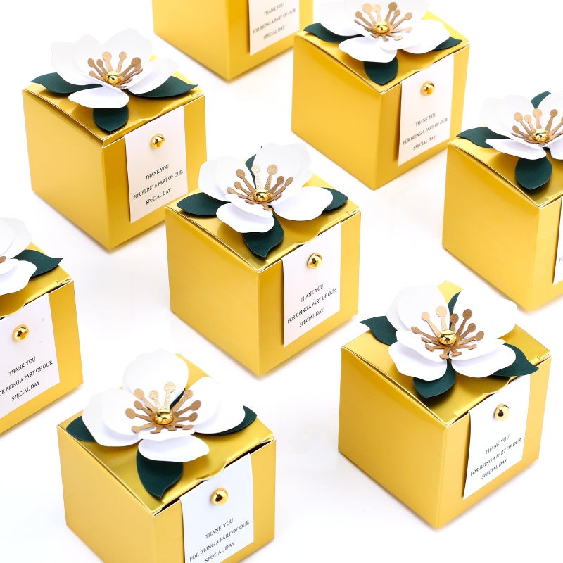 Affrolling 50 Pcs Wedding Favor Boxes with Thanks Card Square Flower Candy Boxes Paper Bridal Gift Box for Guests Wedding Bridal Shower Birthday Party Anniversary (Gold) - Image 1