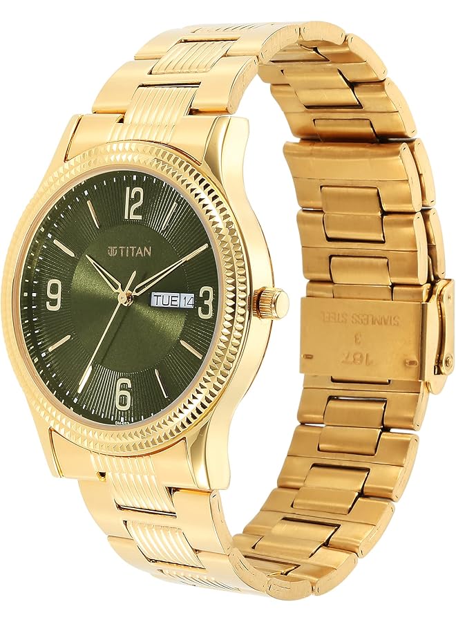 تيتان ساعة كاريشما للرجال من الفولاذ المقاوم للصدأ بمينا أخضر تناظرية 1650Ym08 رقم 1650Ym08 لون السوار ذهبي - Image 4