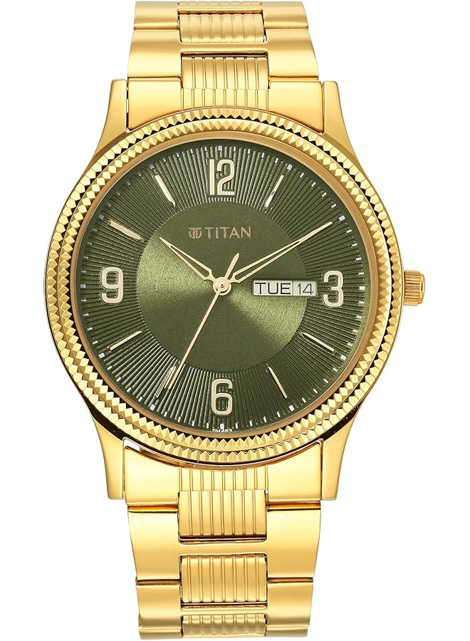 تيتان ساعة كاريشما للرجال من الفولاذ المقاوم للصدأ بمينا أخضر تناظرية 1650Ym08 رقم 1650Ym08 لون السوار ذهبي - Image 1