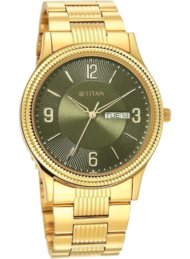 تيتان ساعة كاريشما للرجال من الفولاذ المقاوم للصدأ بمينا أخضر تناظرية 1650Ym08 رقم 1650Ym08 لون السوار ذهبي - Image 5