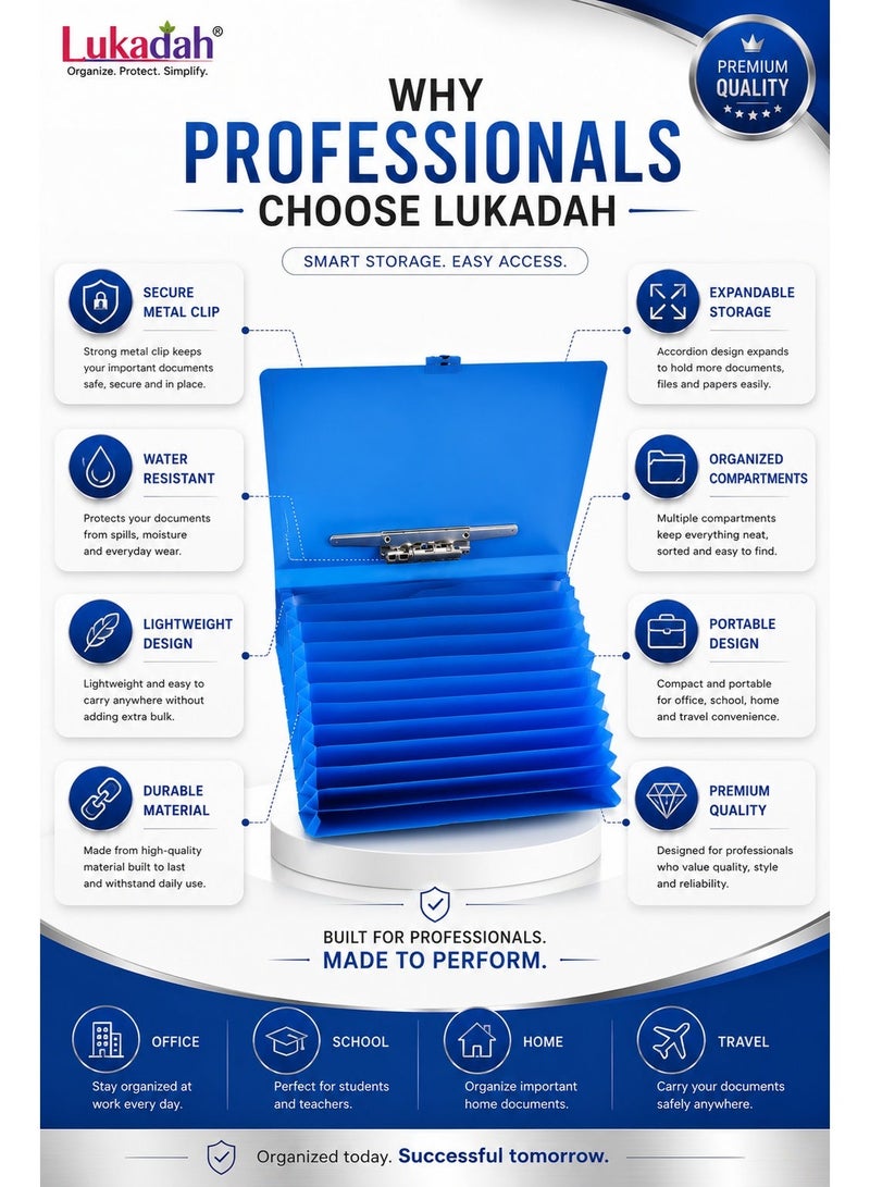 Lukadah Expandable File Folder with Metal Clip | 13 Pocket Accordion Document Organizer | Portable A4 File Storage Case | Waterproof Expanding Folder for Office, School & Home | Blue - Image 3