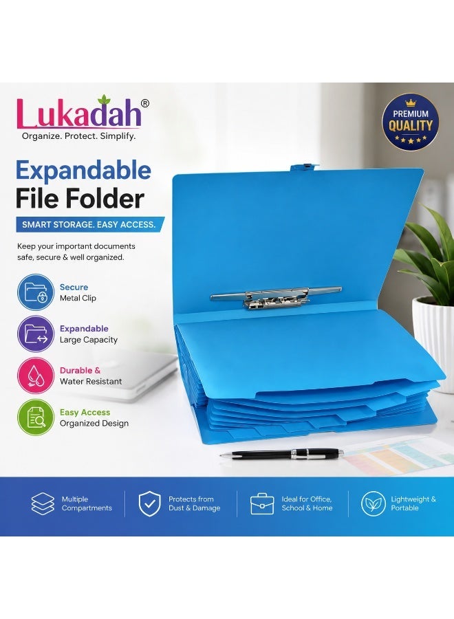 Lukadah Expandable File Folder with Metal Clip | 13 Pocket Accordion Document Organizer | Portable A4 File Storage Case | Waterproof Expanding Folder for Office, School & Home | Blue - Image 2