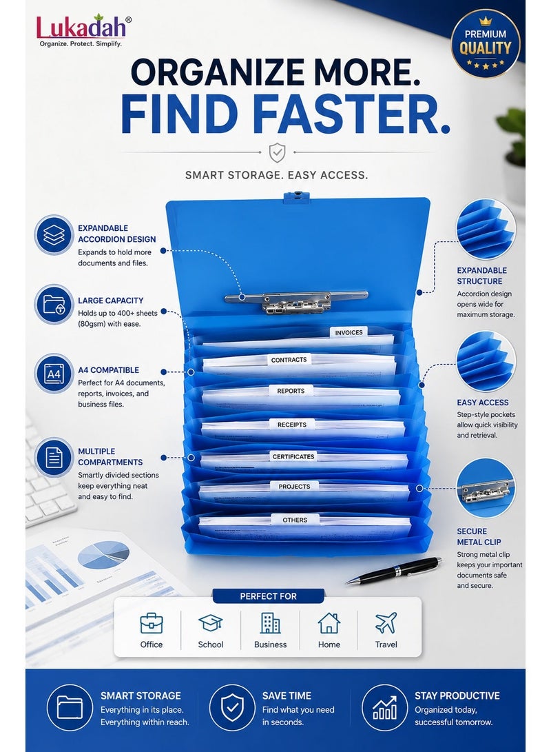 Lukadah Expandable File Folder with Metal Clip | 13 Pocket Accordion Document Organizer | Portable A4 File Storage Case | Waterproof Expanding Folder for Office, School & Home | Blue - Image 5