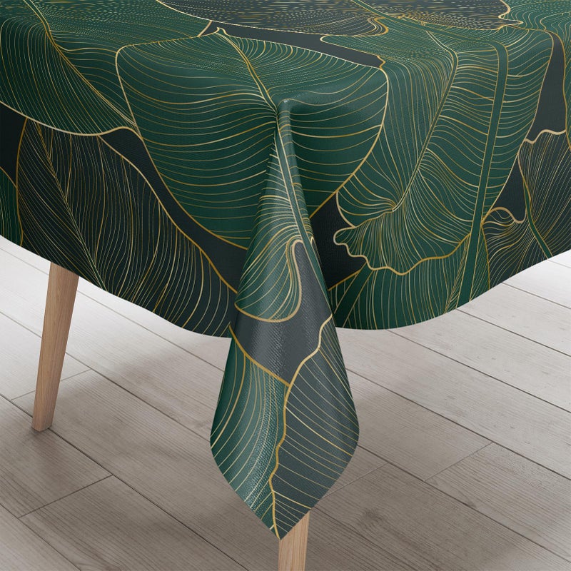 chiinvent Green Leaves Rectangle Tablecloth Tropical Palm Leaf Luxury Gold and Natural Waterproof Table Covers for Dining Room Kitchen Living Room 60x84 Inches
