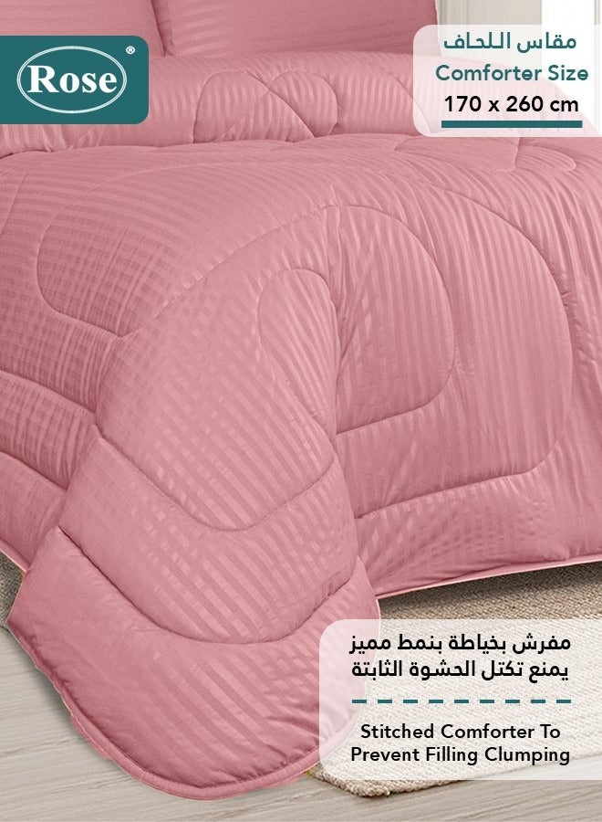 روز طقم مفرش فندقي بحشوة ثابتة, مايكروفايبر عالي الجودة, 4 قطع, يناسب سرير 120×200 سم مقاس مفرد عريض, تصميم مقلم فندقي, زهري - Image 3