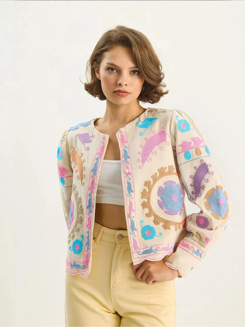 Bianco Lucci LUCCI Floral Print Relaxed Fit Cotton Jacket