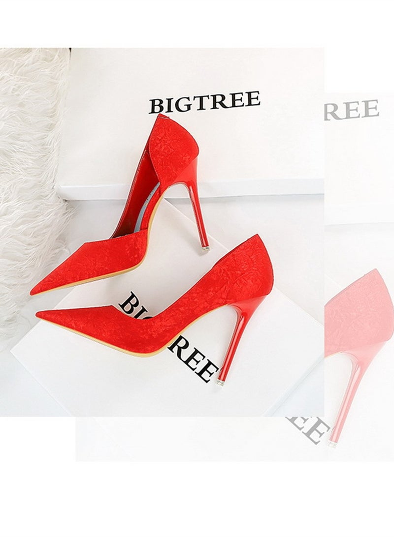 BIGTREE 10.5cm European And American Fashion Slimming Side Hollow-Out Heels With Thin Cloth Shallow Mouth Pointed Red  - Image 2