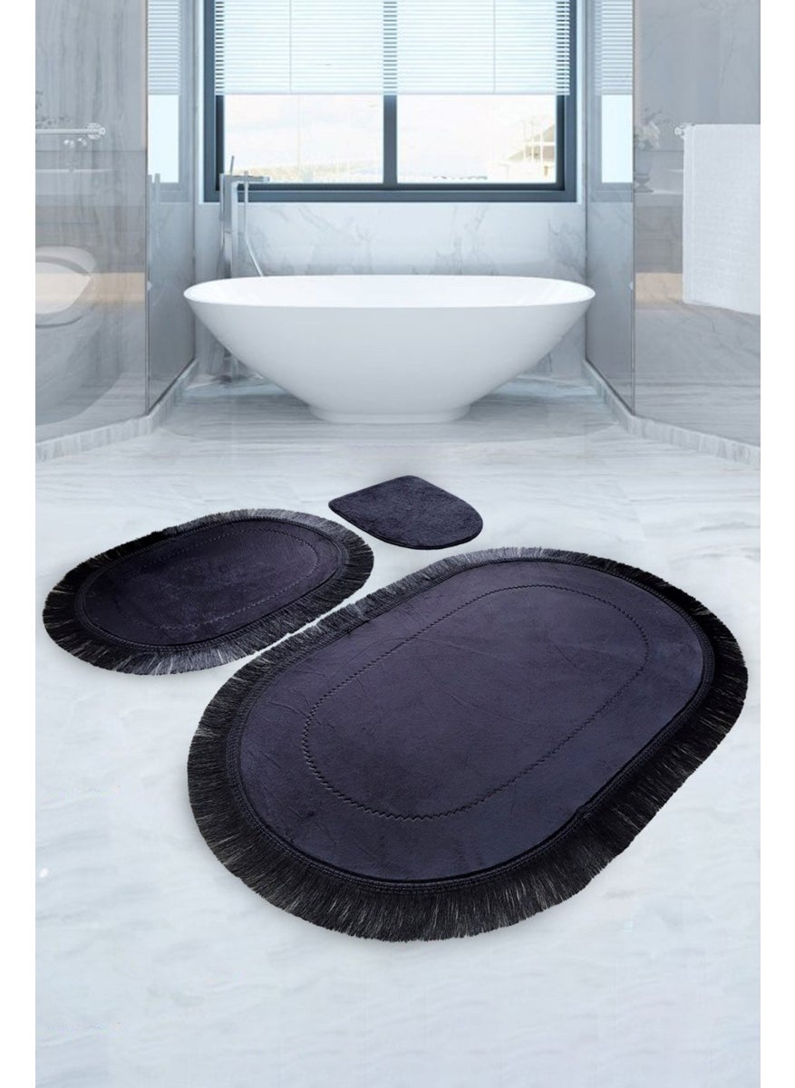 Bonny Home Pera Black 3-Piece Bathroom Mat Set Non-Slip Based Fringed Tassel Toilet Set  - Image 1