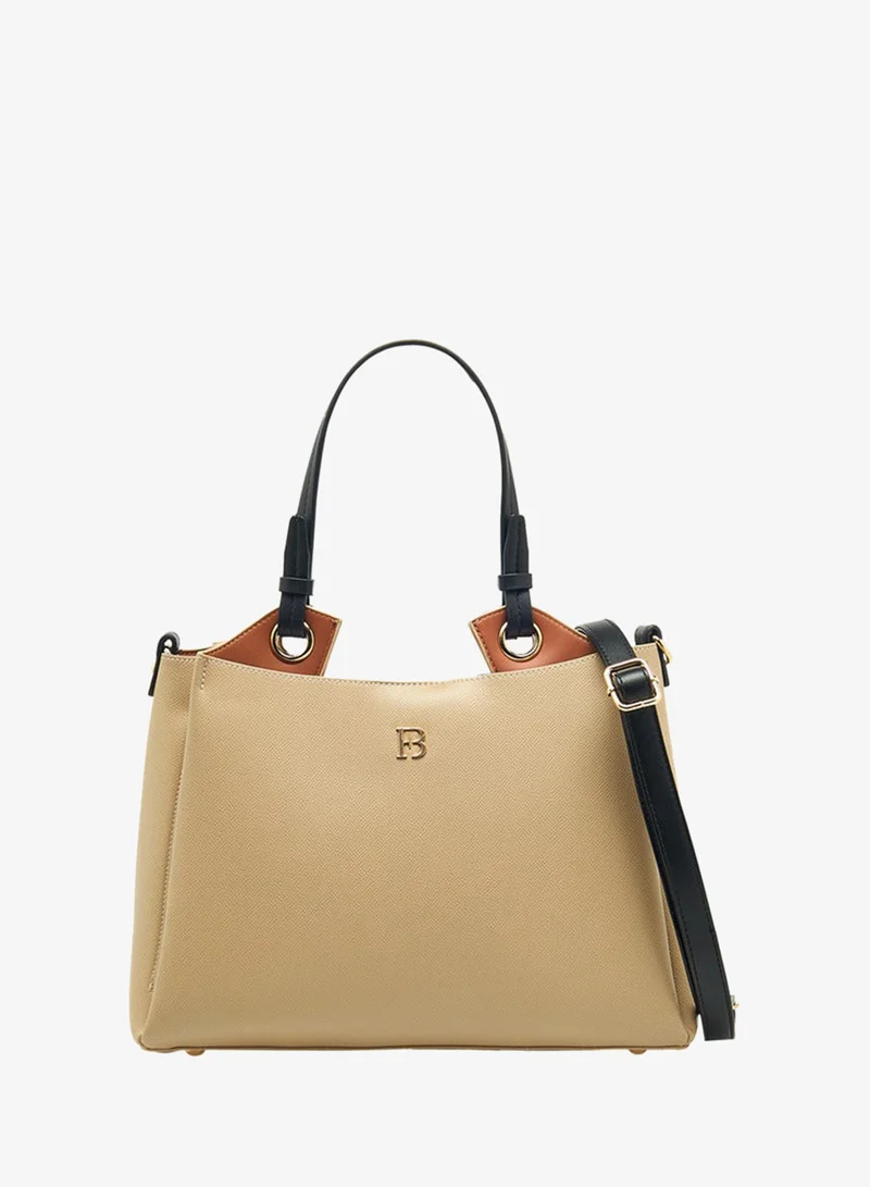 Solid Tote Bag with Detachable Strap and Zip Closure