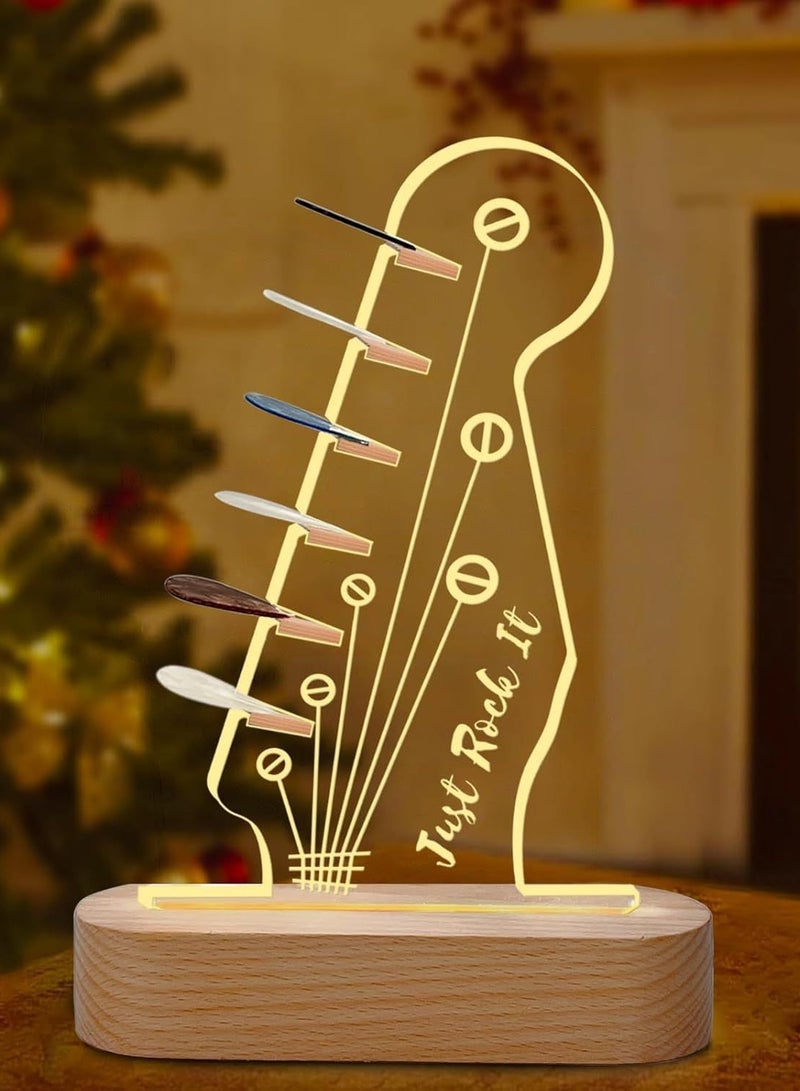 Light Up Guitar Pick Holder, Acrylic Electric Guitar Headstock Shaped Pick Holder with Wooden Base for Picks Storage and Display, Guitar Accessories Gift for Guitar Players Guitarists - Image 4