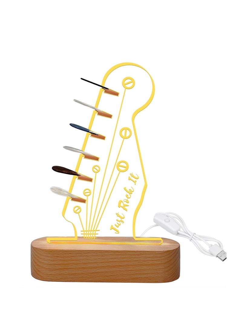 Light Up Guitar Pick Holder, Acrylic Electric Guitar Headstock Shaped Pick Holder with Wooden Base for Picks Storage and Display, Guitar Accessories Gift for Guitar Players Guitarists - Image 1