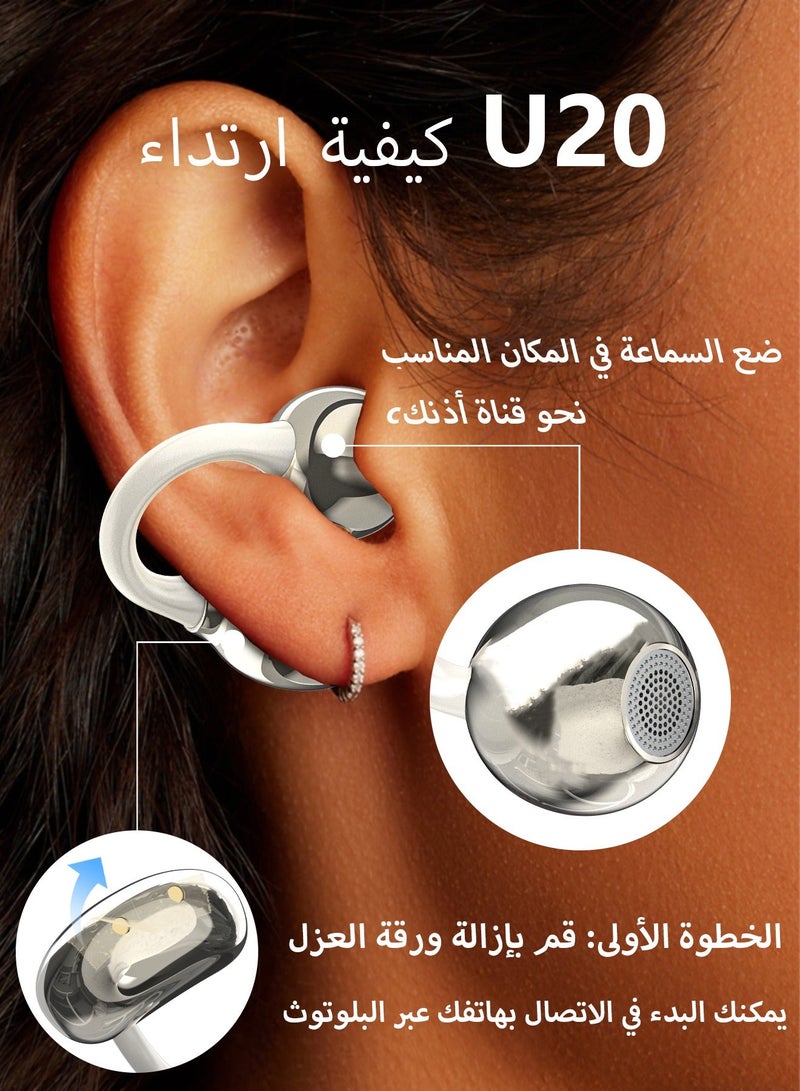 DUDAO U20 Open-Ear Wireless Earbuds, Bluetooth 5.4 Lightweight Clip-On Headphones with Ear Hooks, 30H Battery Life, IP54 Waterproof, Ideal for Sports, Running and Clear Calls – White - Image 2